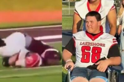 “Brave” Kid Who Suffered 2 Spinal Fractures From Opponent’s Dirty Belly-Flop Makes Shocking Appearance At Game [VIDEO]